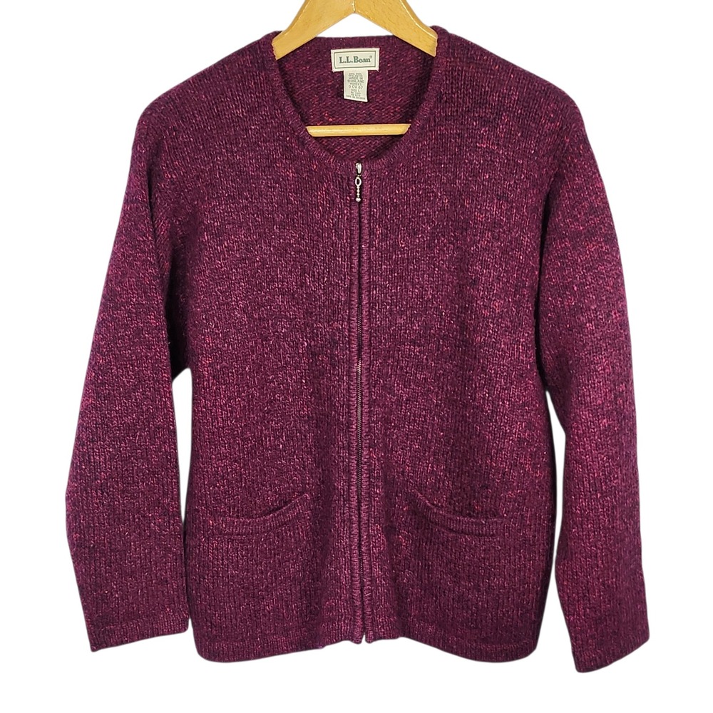 VTG LL Bean Womens Large Wool Blend Full Zip Cardigan Sweater Burgundy Purple